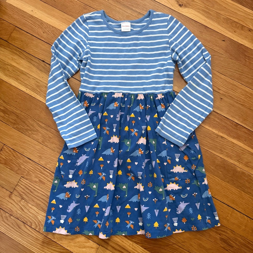 Hanna Andersson 130/8 Dinosaur Print Mixie Playdress  with Pockets Lookout Blue